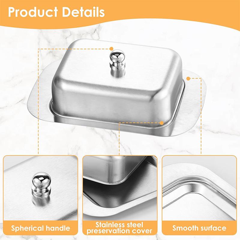 Butter Dish with Lid Stainless Steel Butter Cheese Storage Box Kitchen Butter Tray with Knob Handle Butter Keeper Container