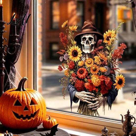 Reusable Decorative Window Sheets Halloween Static Clings Spooky Ghost Floral Skull Stickers Cling Decals for Glass No-Adhesive Party Indoor Outdoor