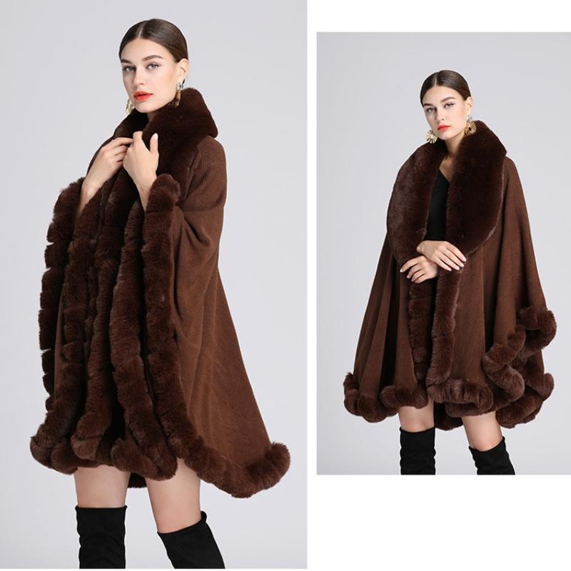 Kadın Kürk Ponçolar Palto Hırka Şık Rahat Kürk Yaka Şal Pelerin Yün Palto Ev İçin Büyük Boy Yarasa Kol Püskül Moda