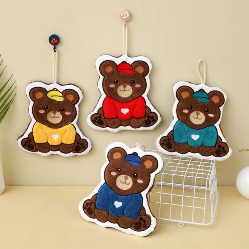 Cute Cartoon Coral Fleece Hand Towel Hanging Kitchen Household Towel Water Absorption Fast Thickened Rag Bear Hand Towel