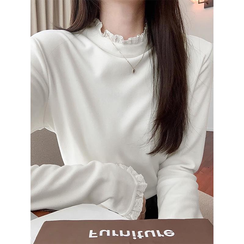 

Women s Semi-High Neck French Lace Long Sleeve Warm Top XL белый