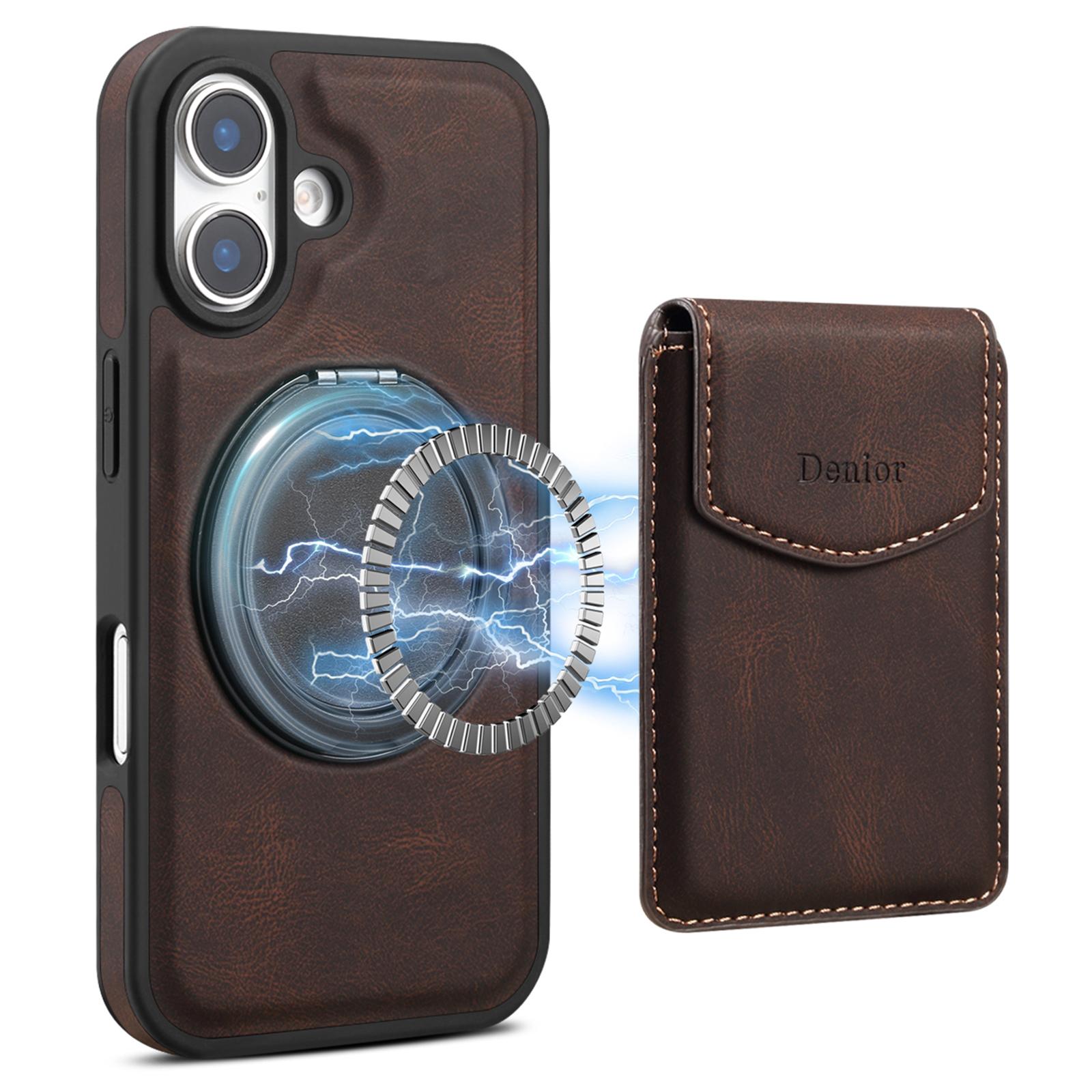 DENIOR D20 For iPhone 16 Case Detachable Card Bag Rotary Kickstand Leather+PC+TPU Cover B
