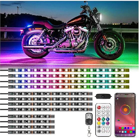 16Pcs RGB+IC Chasing Motorcycle LED Lights With APP/RF Remote, Dreamcolor Motorcycle LED Underglow Kit With Brake Turn Signal, 12V Waterproof Neon