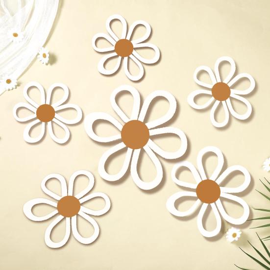6Pcs/Set Bohemia Flower Wall Hanging Ornament Decoration Farmhouse Rustic Wooden Floral Wall Art Home Office Living Room Bedroom Wall Decoration