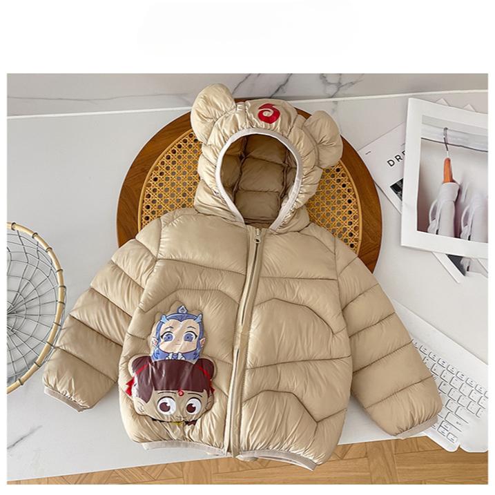 

children s Nezha thickened short cotton-padded clothes autumn and winter boys cute cartoon print coats girls warm hooded jackets 140cm бежевый