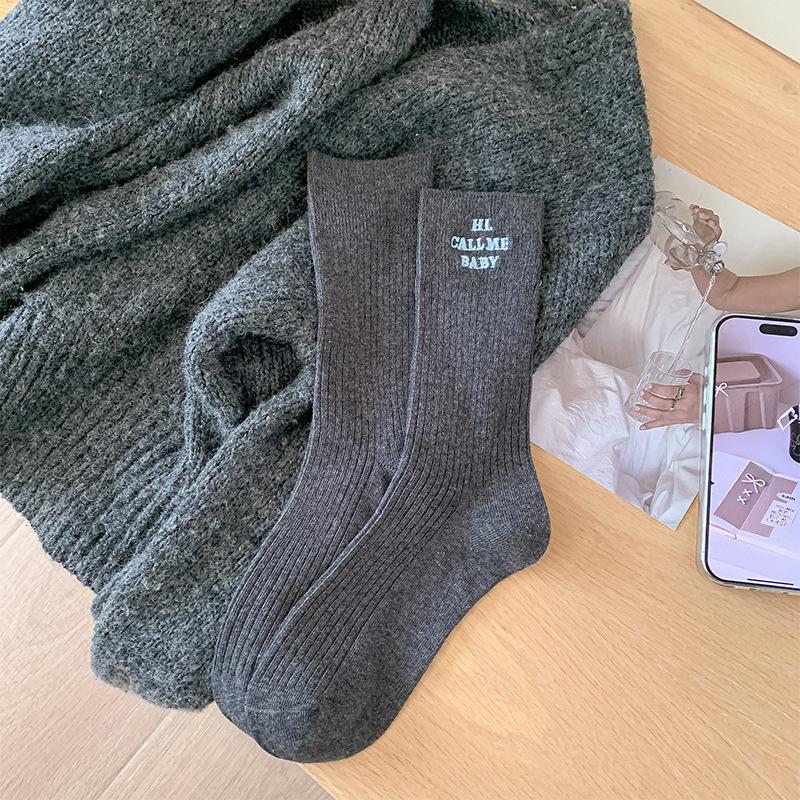 Autumn Double-needle Striped Fashionable Embroidered Letter Cotton Mid-calf Socks