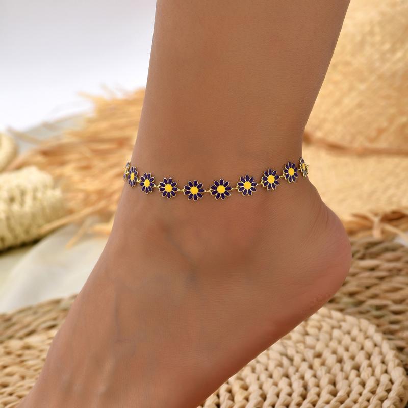 

Handmade Daisy Flower Anklet For Women Vintage Faux Pearl Beaded Boho Jewelry Adjustable Chain Summer Beach Gift Elegant Alloy Foot Bracelet фиолетовый