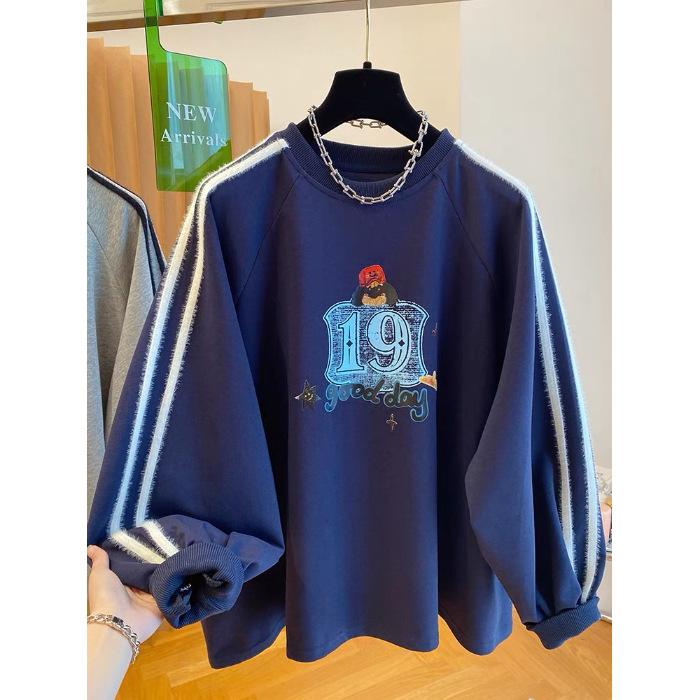 

Женский свитшот большого размера в стиле ретро с полосками и круглым вырезом для осени и зимы, свободного кроя и стройнящий, с флисом 4XL тёмно-синий