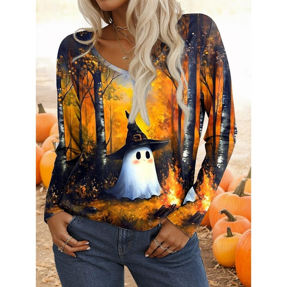 Halloween Women's T-Shirts Graphic Pumpkin Elegant Vintage Tees Long Sleeve T-shirts V-Neck Regular Tops Casual Pullover