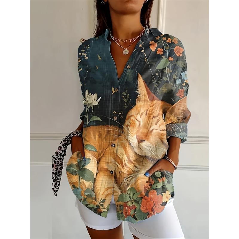 Autumn Women's Casual Long Sleeve Shirt Beautiful Flower Print Travel Lapel T Shirt Elegant Single Breasted Tops Long Shirt