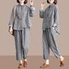 Retro Ladies Fashion Cotton Linen Two Piece Set Female Loose Stripe Tops Trousers Spring Autumn Women Long Sleeves Outfit