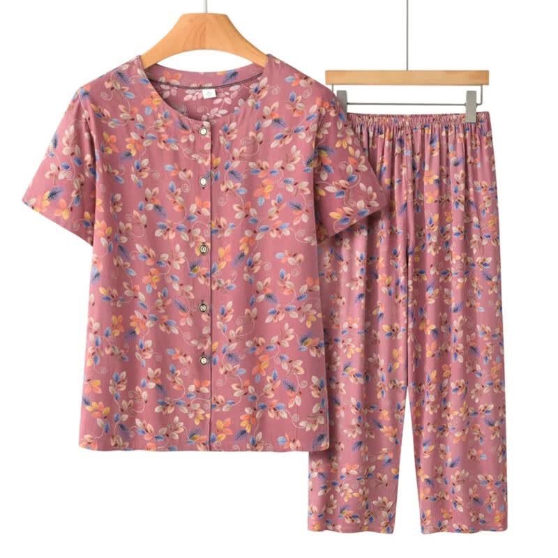Datang Furen Mid-Aged Women's Floral Print Short Sleeve Capri Loungewear Set