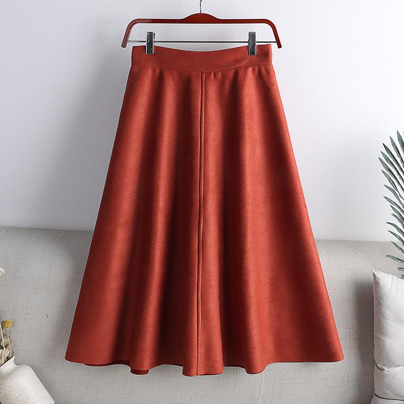 Pure Color Deer Skin Velvet Skirt Autumn and Winter Women's High Slender Elastic Mid-length A-line Skirt Female Skirt