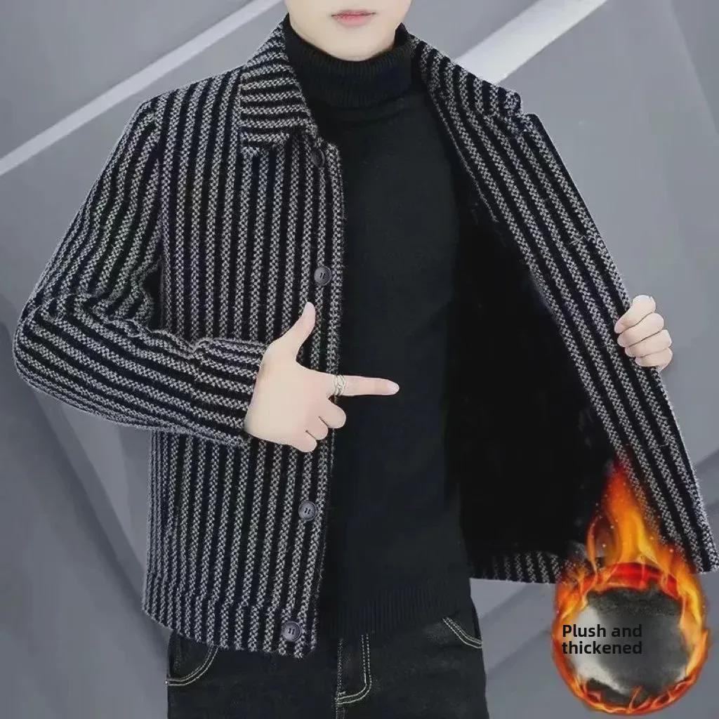 Men's High-End Wool Blend Striped Coat - Cozy Lapel Jacket for Autumn & Winter