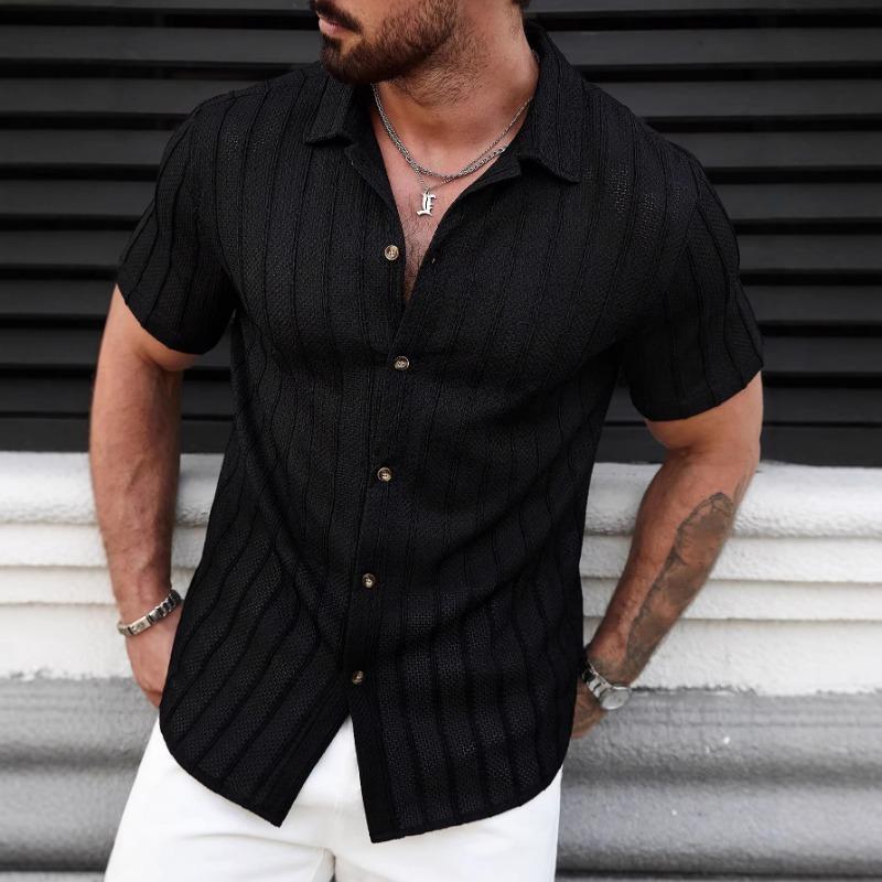 Men Vertical Stripe Hollow Out Cuban Collar Short Sleeve Loose Casual Button Down Shirt