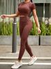 Damen Yoga Outfits 2-teiliges Set Kurzarm Enganliegend Sportliche Fitnessstudio Kleidung Lauf Training Anzug