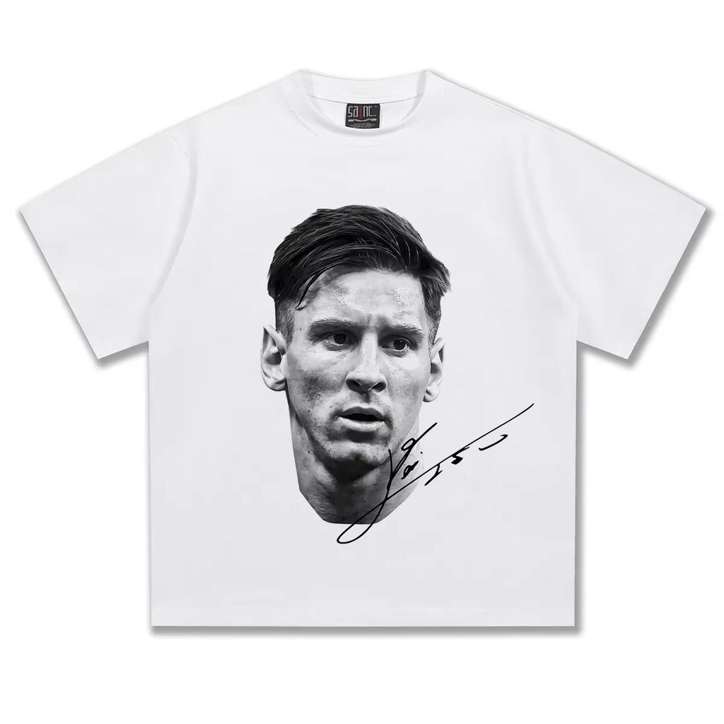 Men's Short Sleeve Messi Football Head Vintage Print Fashion Loose Heavy Oversized Streetwear Y2k Short Sleeve Female Male Clothing