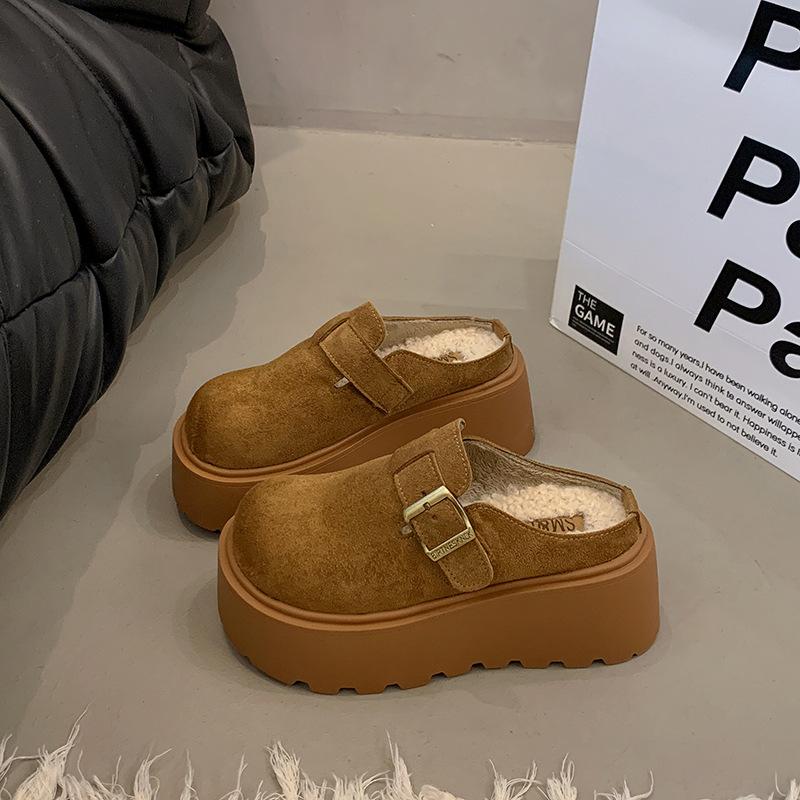 Thick-bottomed women s autumn and winter velvet outer wear bag head half slippers new one-pedal heightening big head cotton mop 40