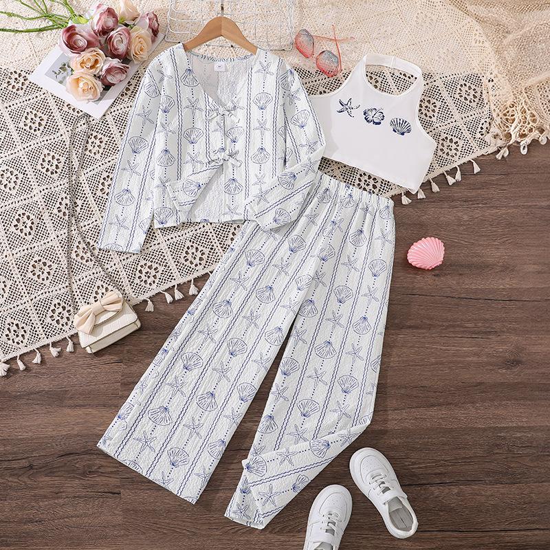 

Girls Outfit Children s Clothing Autumn New Stylish Shell Starfish Print Long Sleeve Cardigan Halter Vest Long Pants 12Y