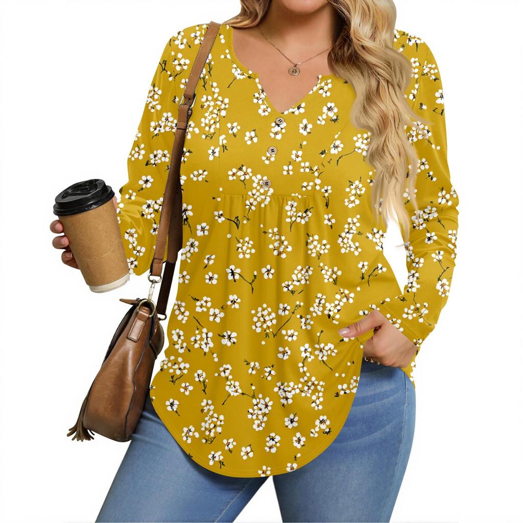 Dámská trička s dlouhým rukávem plus size s výstřihem do V, tunikové topy, základní volná trička