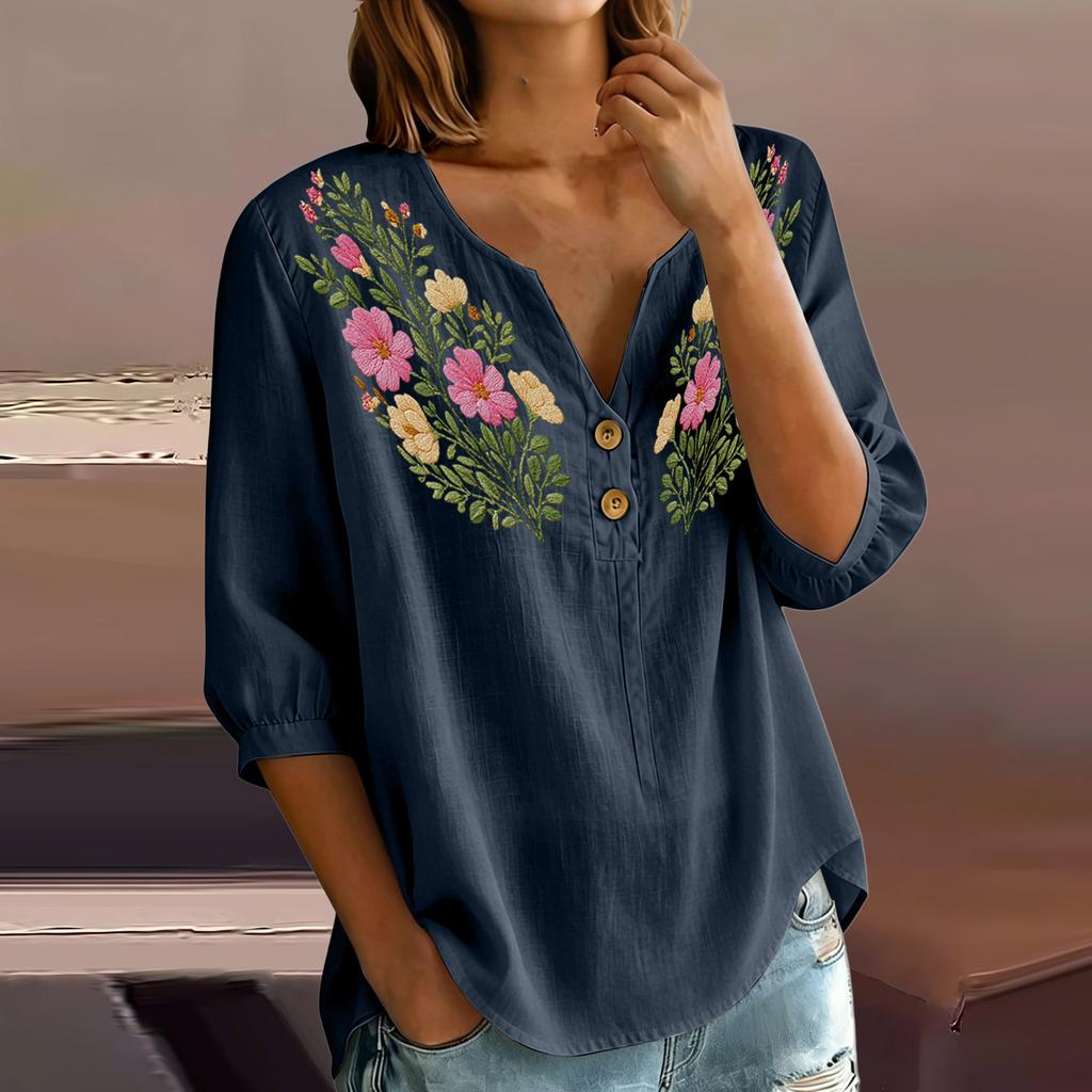 Women Floral Pattern Henley Button Neck Shirt Three Quarter Sleeve Casual Cotton Linen Blouse Lightweight Breathable Top