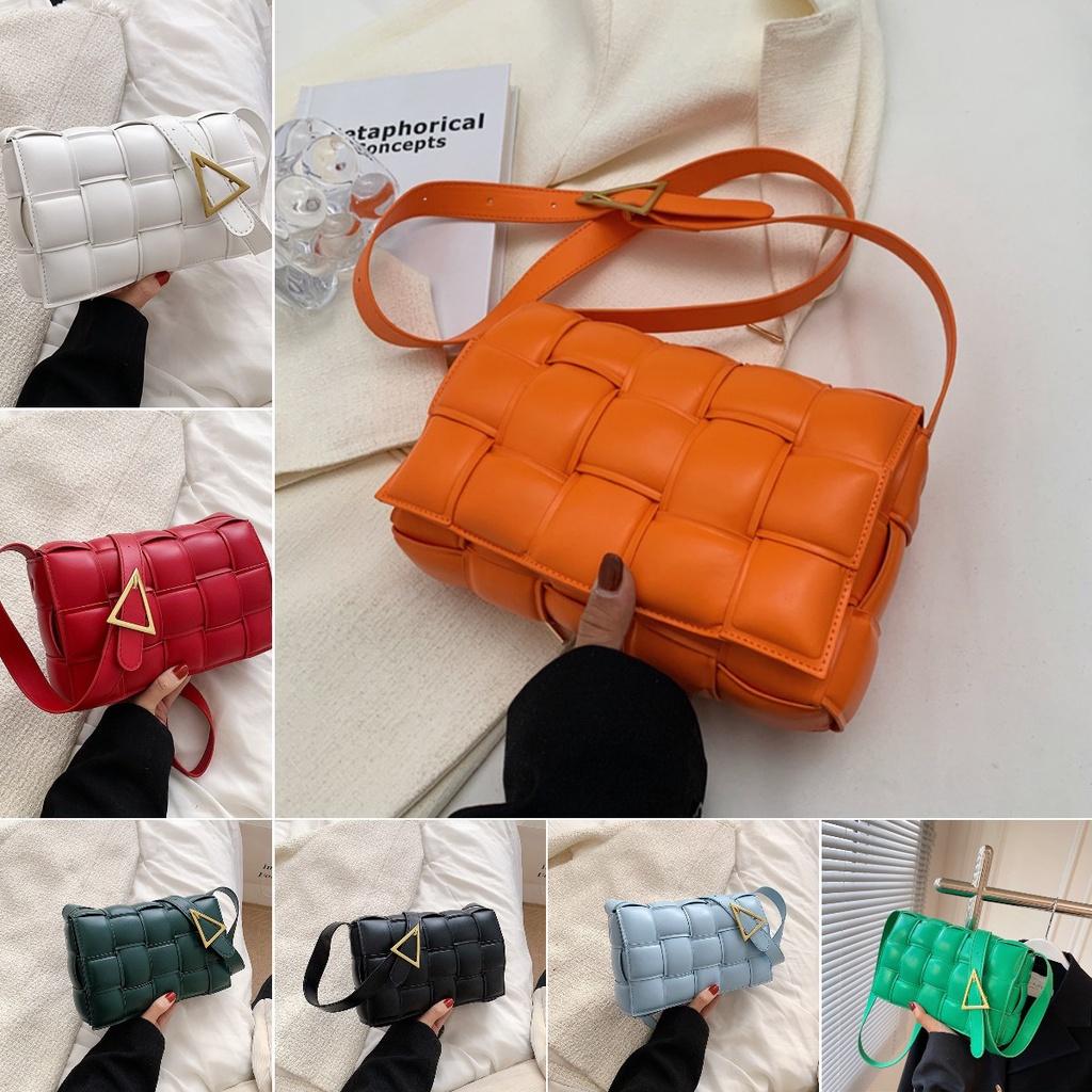 Stylish Pu Leather Women Shoulder Bag Plaid Woven Square Hand Chain Bag Gift