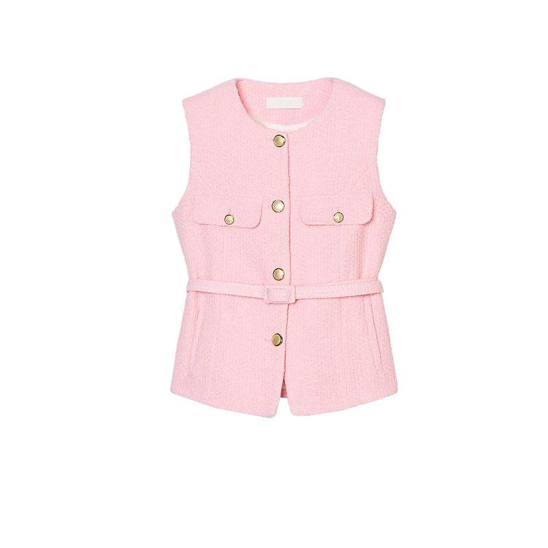 Spring and Summer New Women's Clothing Single-Breasted Flip round Neck Sleeveless with Belt Texture Vest 2132091