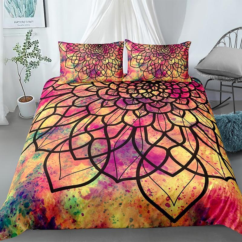 Mandala Duvet Cover Set King Tie Dye Paisley Quilt Cover Purple Boho Hippie Trippy Floral Exotic Style Bedding Set