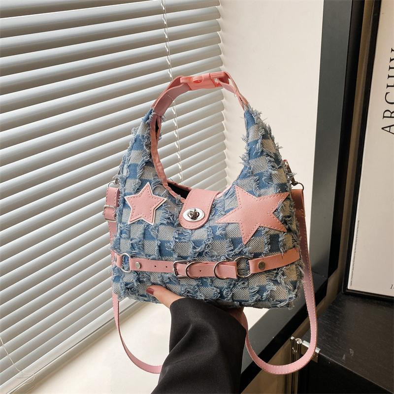 Pink Star Purse and Handbags Aesthetic Plaid Denim Shoulder Bag Punk Leisure Outdoor Crossbody Bag For Women