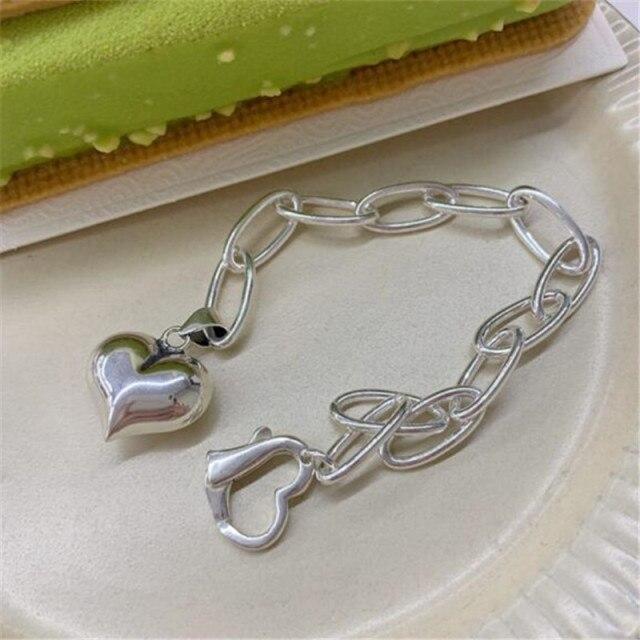 

925 пробы стерлингового серебра Винтаж панк кисточка большой браслет с подвесками в виде сердца и браслет для женщин вечерние корейские индивидуальные ювелирные изделия SL087