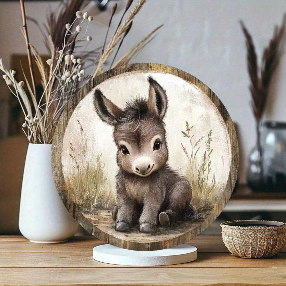 Vintage Donkey Metal Sign 8x8 Inch Retro Farmhouse Tin Round Aluminum Wall Art 2D Flat Decor for Home Bar Cafe Man Cave