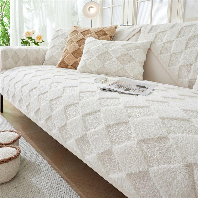 

Новый минималистский плюшевый клетчатый диван-подушка, украшение для гостиной, противоскользящее полотенце для спинки, современный всеобъемлющий стеганый универсальный чехол для дивана 70x70cm 1pcs белый