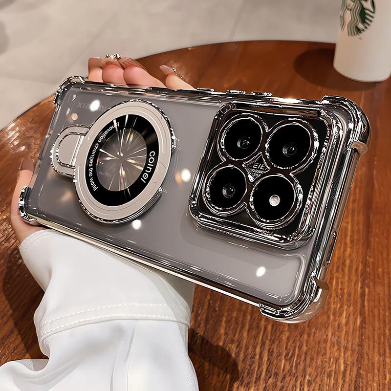 Plating Magnetic Holder Airbag Silicone Transparent Case For Xiaomi 15T Pro 14 13 T Ultra Camera Protect Shockproof Cover