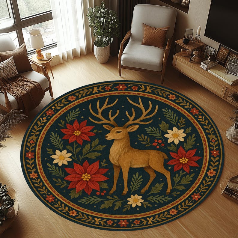 

Christmas Deer Round Rug, Floral Antler Design Mat for Living Room Bedroom Decor, Merry Christmas Xmas Holiday Home Accent Diameter 60cm
