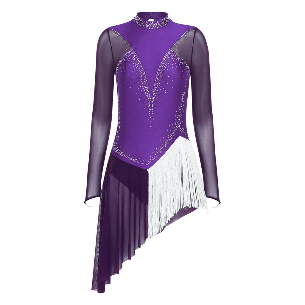 Womens Long Sleeve Skating Dress Sparkle Rhinestone Backless Irregular Hem Side Fringe Leotard Gymnastics Costume