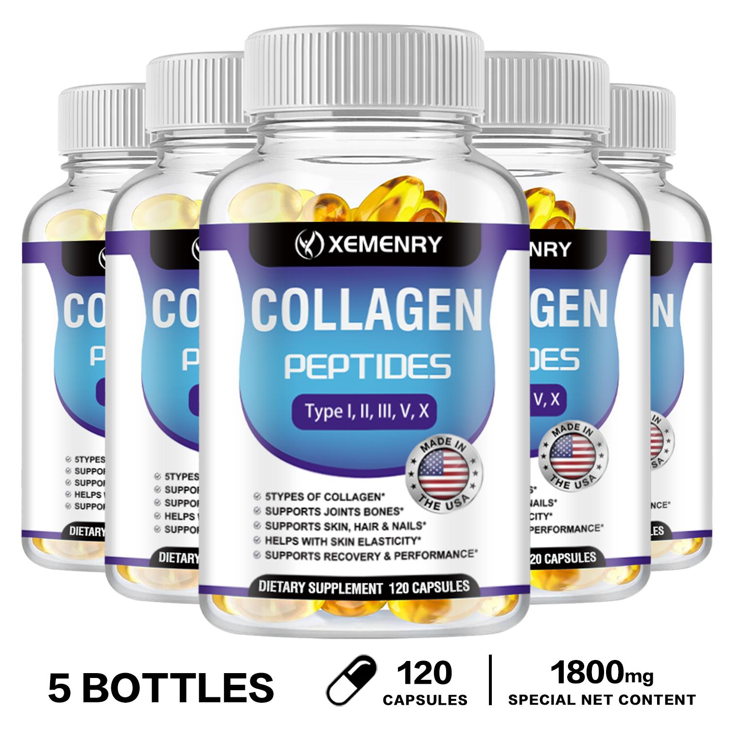 XEMENRY - Cápsulas de Péptidos de Colágeno - Salud para Articulaciones, Huesos, Piel, Cabello y Uñas 120*5