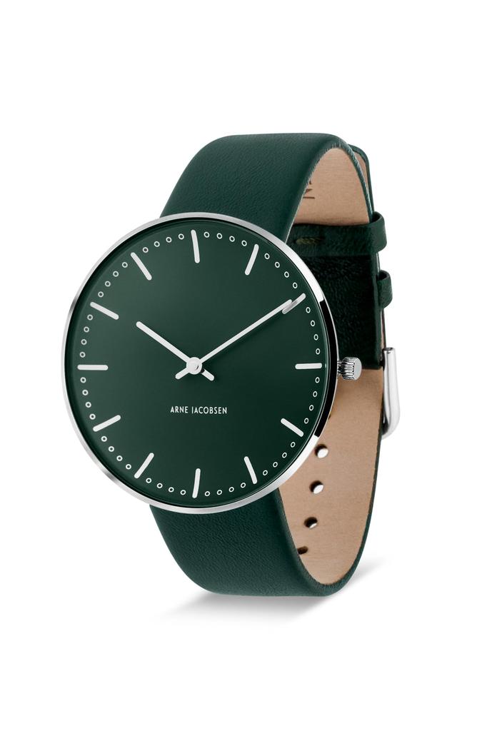 ARNE JACOBSEN STATION 53209-2088P, 40mm, Scandinavian Design, Water Resistant (Quiet Design with No Second Hand), Evergreen Leather Strap