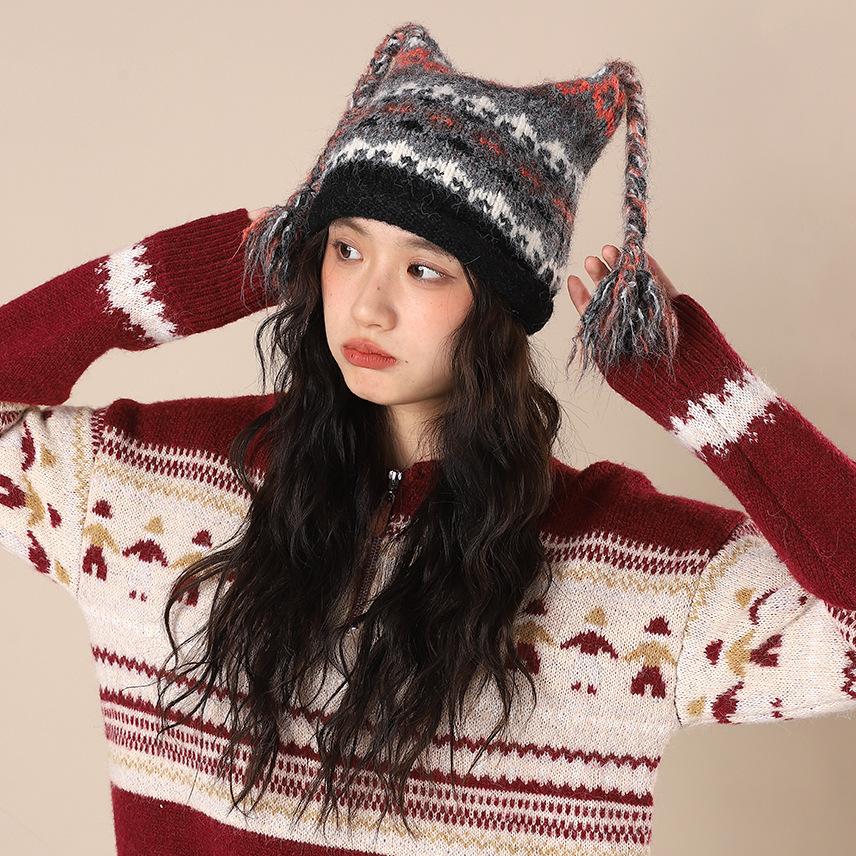 Japanese soft girl cute cat ears wool hat autumn and winter little devil hat ear protection warm concave knitted hat tide