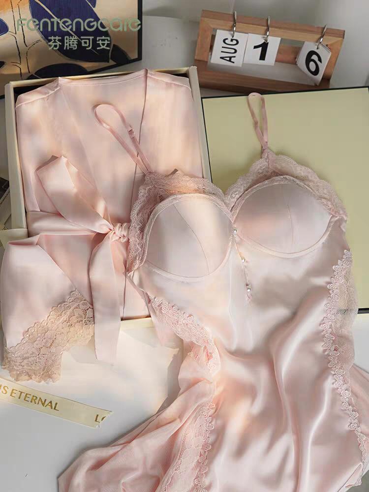 Sexy Pajamas Women's Summer Ice Silk Pajamas with Chest Pads, New Lace Suspender Nightgowns, Two-piece Silk Loungewear
