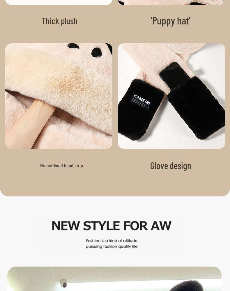 Women's Cute Bear Plush Hooded Snood with Warm Gloves and Scarf Set