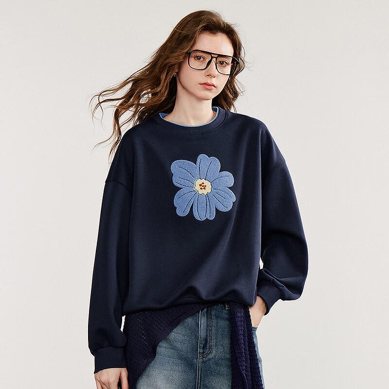 Chuyu Damen Grün Mohnblume Besticktes Rundhals-Sweatshirt