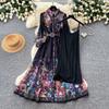 Vintage Black Floral Printted Maxi Dress Long Chiffon Sleeve Elegant Spring Palace Print Single-breasted Shirt Dress with Belt