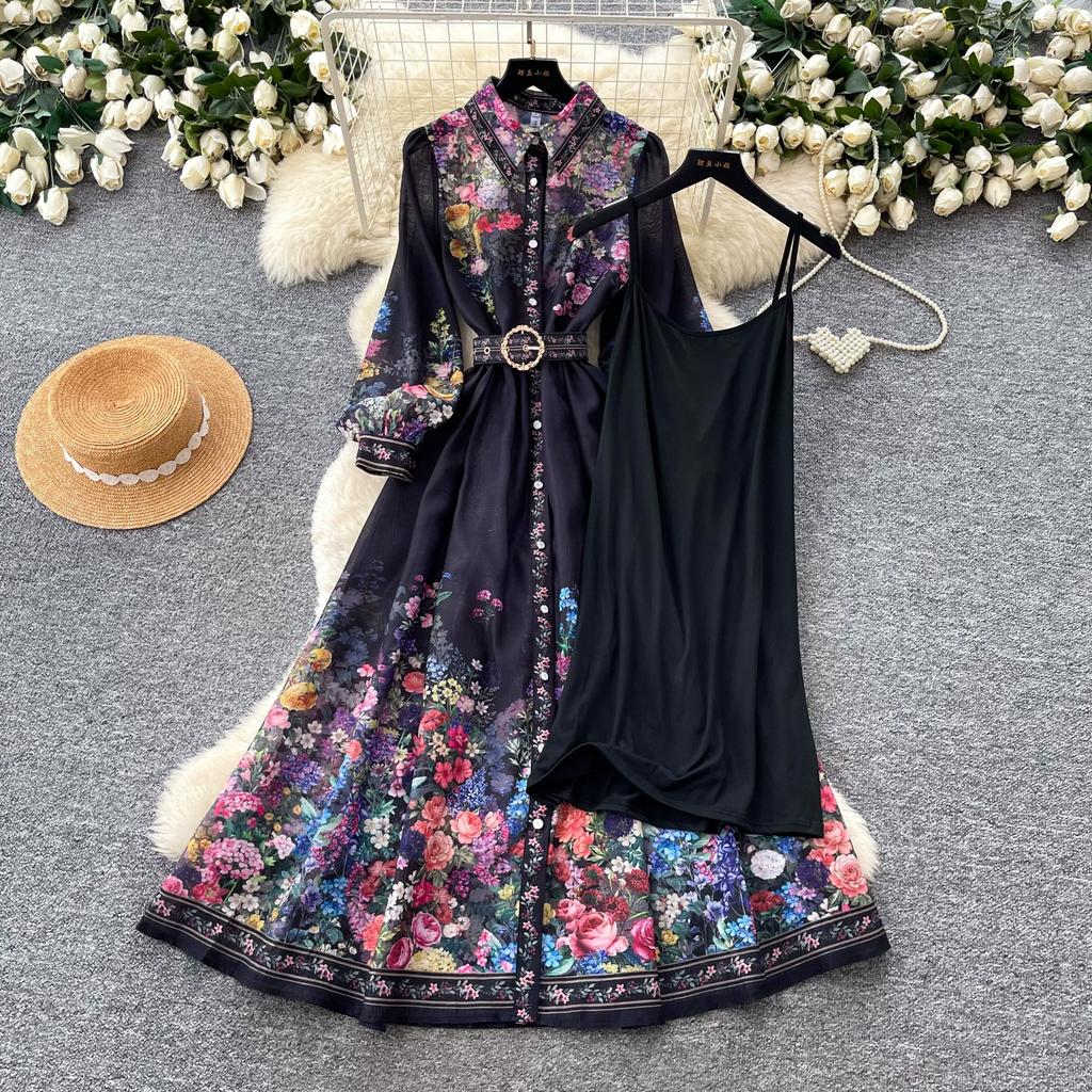 Vintage Black Floral Printted Maxi Dress Long Chiffon Sleeve Elegant Spring Palace Print Single-breasted Shirt Dress with Belt