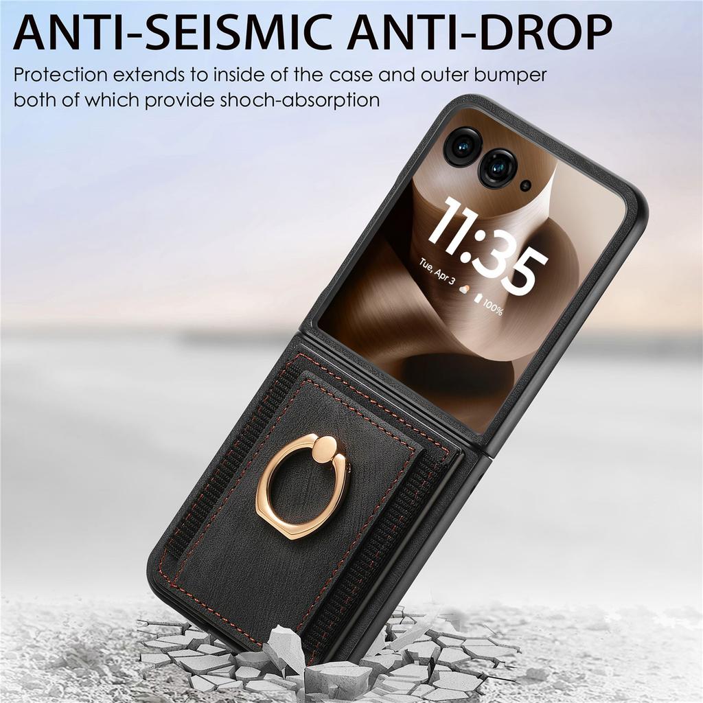 For Motorola Razr 60 Ultra 5G Case Card Holder Retro Leather + PC Phone Cover with Ring Kickstand
