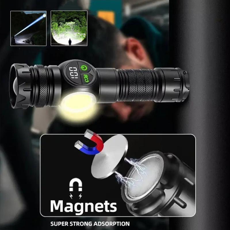 Dobíjecí LED svítilna Výkonná bateriová svítilna s magnetem na ocase Zoomovací svítilna Lampa s dlouhým dosahem pro kempování