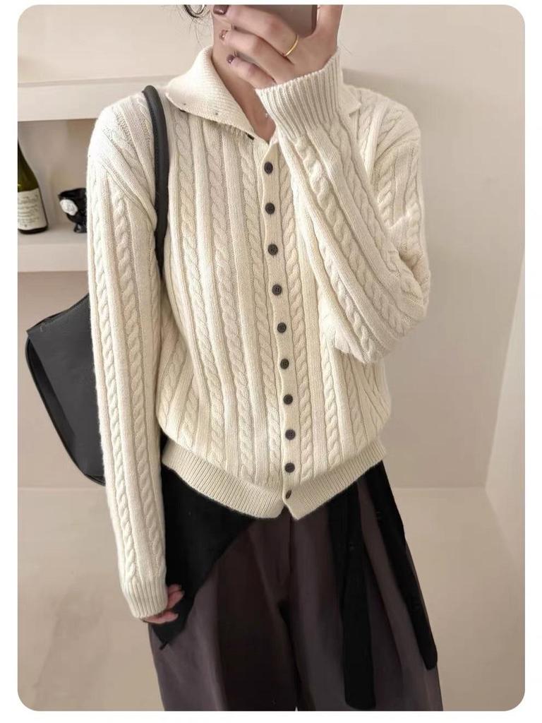 Women's High Neck Cable Knit Wool Cardigan – Autumn Winter Fashion, Thick Loose Fit, Long Sleeve Sweater