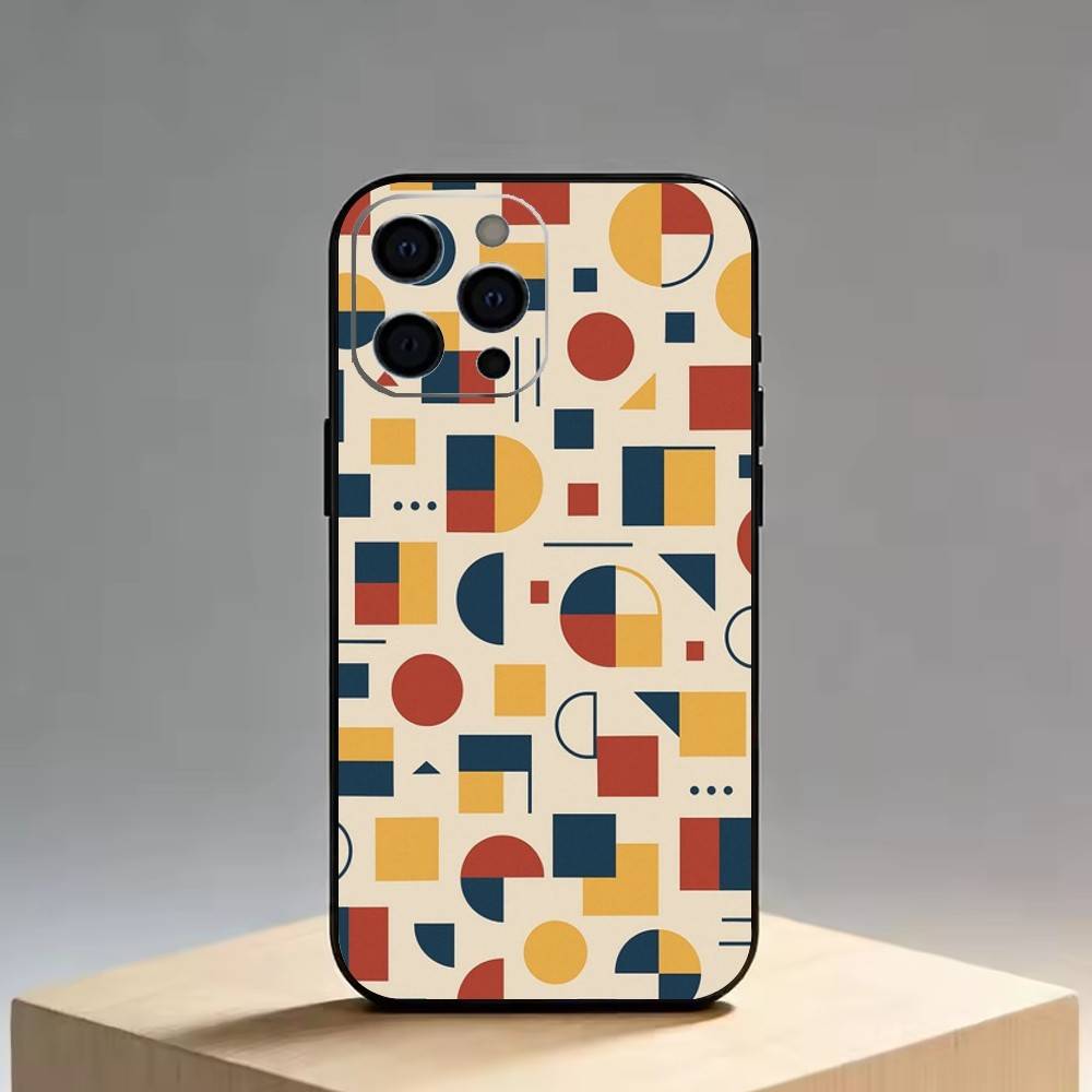 Vintage Geometric Block Phone Case For iPhone 17,16,15,14,13,12,11 Plus,Pro Max,XS,Soft Silicone Black Cover