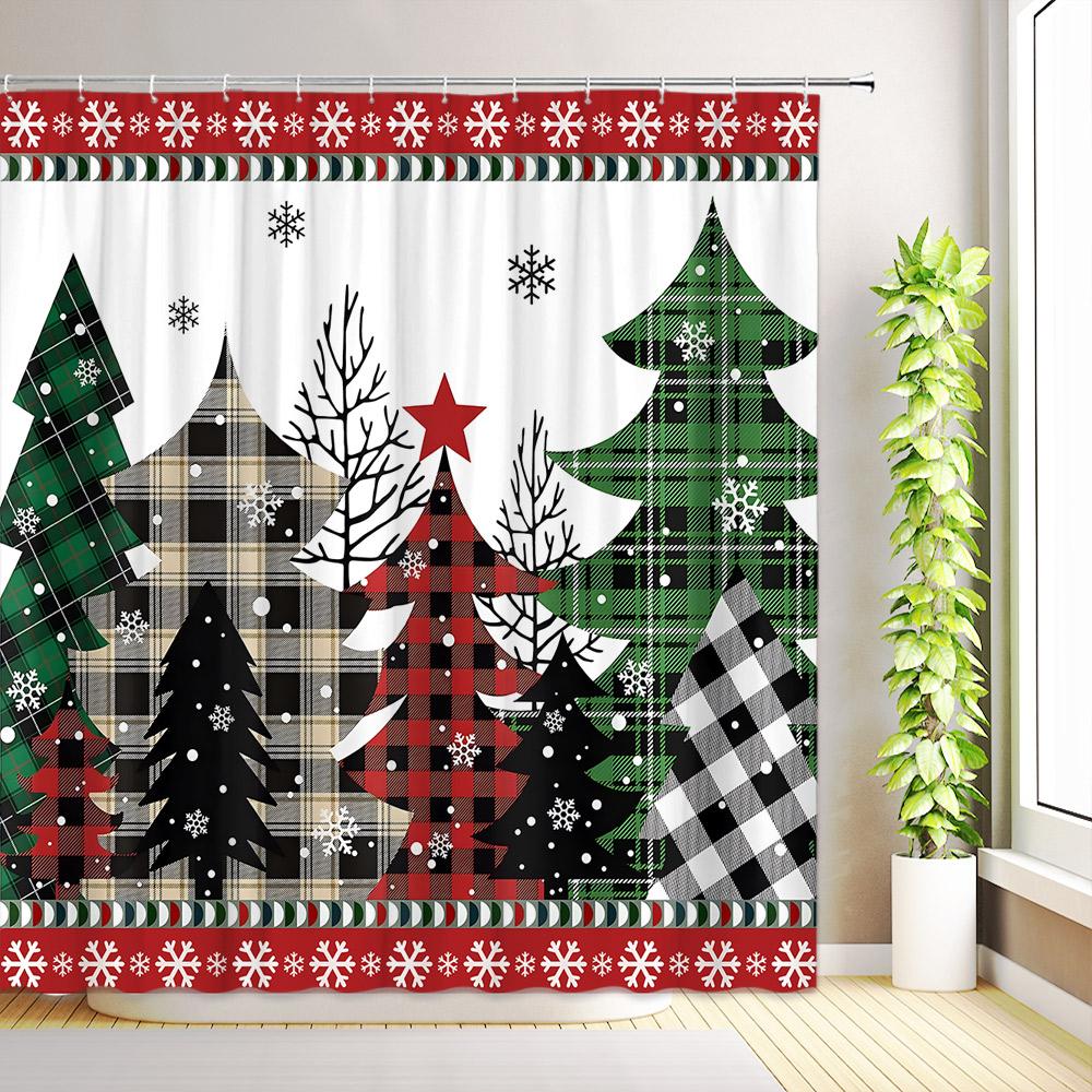 Christmas Shower Curtain Buffalo Plaid Xmas Tree Winter Snowflake Reindeer Nature Forest Cedar New Year Bathroom Decor with Hook