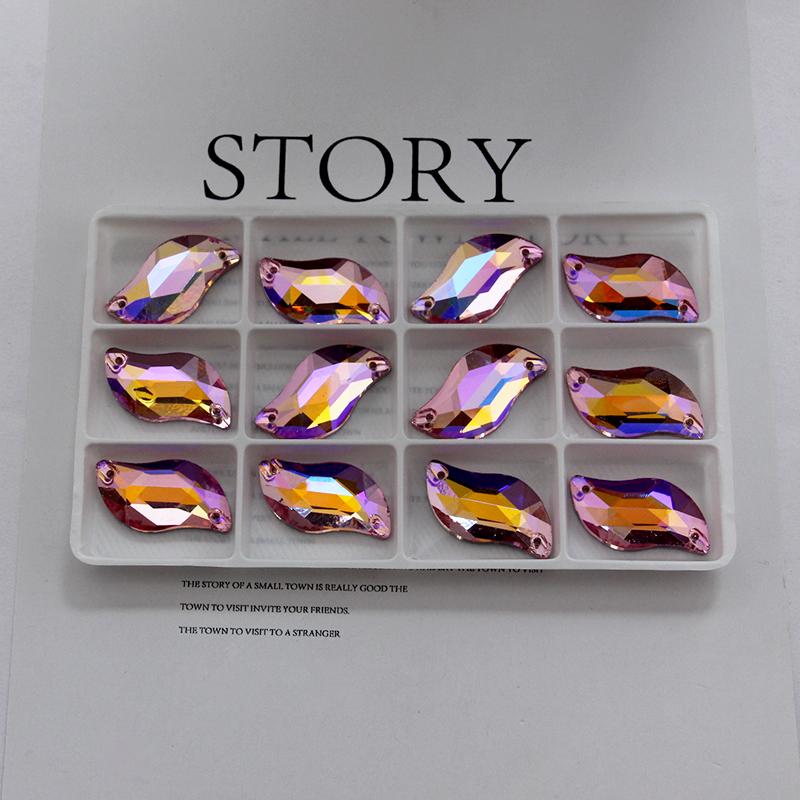 All Size All Color Ab S Shape Sew On Rhinestone Leaf Glass Crystal Sewing Flatback 2 Holes 6*12 10*20 14*30 for Dress Decoration