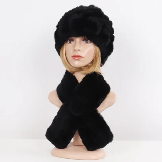 Hot Sale Lady Natural Fur Hats Scarves Sets Women Winter Knit Real Rex Rabbit Fur Hats Muffle 2 Pieces Real Fur Hat Scarf